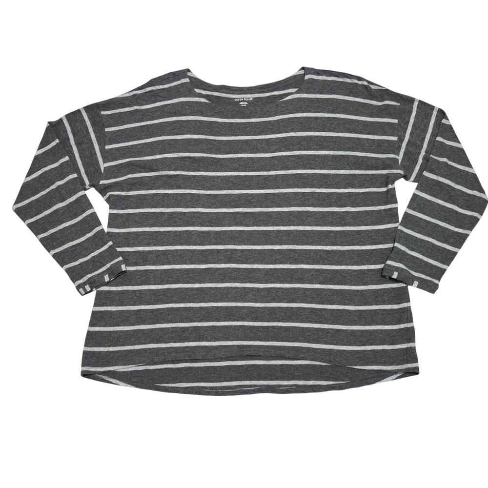 Eileen Fisher Boxy Long Sleeve Top Women XL Gray Stripe Boat Neck Organic Cotton
